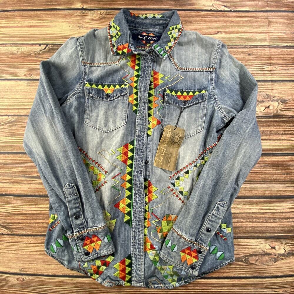 Driftwood Denim Embroidered Geometric Jean Jacket L Trucker Western Flower Boho